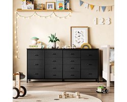 TV‑meubel 160 cm zwart met ingebouwde stopcontacten en 14 stoffen lades, anti‑kantelbeveiliging, voor tv tot 75 inch, afmetingen 160 x 75 x 35 cm