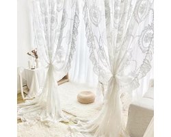 Twee kanten gordijnen, vintage bloemenpatroon, met ruches, wit, 140x100 cm