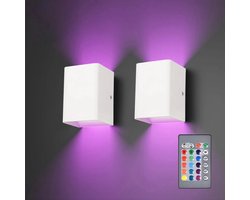 Twee moderne LED-wandlampen, witte binnenverlichting, met afstandsbediening, geschikt voor woonkamers en andere ruimtes. Lichtkleur: RGB.