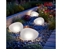 Twee op zonne-energie werkende lampen met een steenlook, geschikt voor zowel binnen- als buitengebruik, voorzien van automatische schakeling, geen bedrading nodig, en bolvormige LED-sfeerverlichting voor binnenplaatsen
