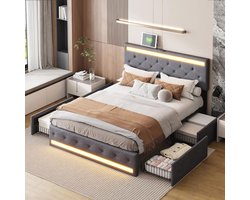 Tweedehands Bed 140 x 200 cm met Verstelbaar Hoofdeinde en USB Oplaadpoort, Tweepersoonsbed met Opberglades