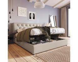 Tweedehands tweepersoonsbed met verstelbaar hoofdeinde en bedlade – Naturel gestoffeerd (140 x 200 cm)