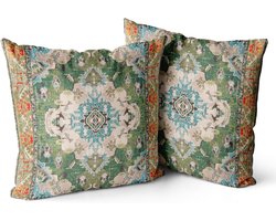 Tweedelig kussen- en kussensloopset in Boheemse stijl, 45x45 cm, vierkante decoratieve sierkussensloop, geschikt voor banken, auto's, slaapkamers, woonkamers en buiten (groen).