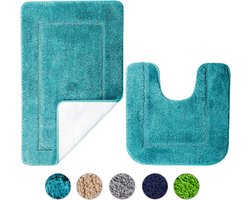 Tweedelige Badmat Set - Turquoise Microvezel, Antislip, 53x86 cm en 50x50 cm
