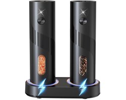 Tweedelige elektrische zout- en pepermolenset, oplaadbare kruidenmolen met dubbel laadstation, instelbare maalgraad, LED-verlichting, inhoud 110 ml.