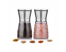Tweedelige grinderset - Pepermolen - zoutmolen - Zilveren keukenmolenfles - Kruidenmolen - Glas - Zilver - 180ml