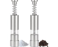 Tweedelige roestvrijstalen zout- en pepermolen - herbruikbaar, met één hand te bedienen, vochtbestendig mechanisme - voor keuken en eetkamer (zilveren kookgerei)