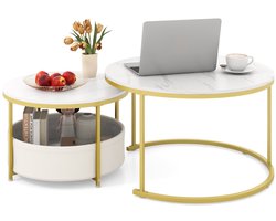 Tweedelige Salontafelset Nestbare Salontafels met Geweven Stoffen Manden Wit + Goud