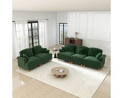 Tweedelige set - 3-zits bank en tweezitsbank - middeleeuws-modern stijl - met trompetvormige armleuningen en afneembare geplooide rok - groen