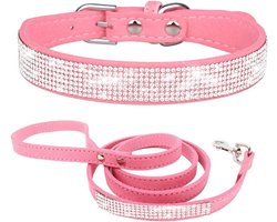 Tweedelige set bestaande uit een kleine hondenriem en halsband met strass-steentjes, een prachtige en sprankelende diamanten kattenhalsband met kristallen pailletten Geschikt voor honden en kittens, roze maat S.