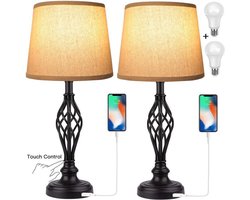 Tweedelige tafellampenset - nachtlampje - retro tafellamp - USB oplaadbaar - leeslamp - met USB C + A interface - stoffen lampenkap - geschikt voor woonkamer of salontafel - inclusief lamp