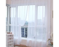 Tweedelige transparante gordijnen voor de woonkamer – geplooide band, verzwaarde onderkant, 100% polyesterstof,Wit,100*270cm