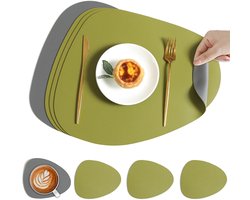 Tweekleurige placemat- en onderzetterset (4 stuks), hittebestendig, antislip en afwasbaar, geschikt voor eettafels, salontafels en keukens (groen + donkergrijs).