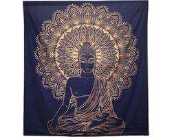 Tweepersoon Katoenen Sprei - Wandkleed - Boeddha - Blauw & Goud - 200cmx230cm - Handgemaakt