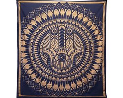 Tweepersoon Katoenen Sprei - Wandkleed - Hamsa - Blauw & Goud - 200cmx230cm - Handgemaakt