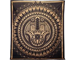 Tweepersoon Katoenen Sprei - Wandkleed - Hamsa - Zwart & Goud - 200cmx230cm - Handgemaakt