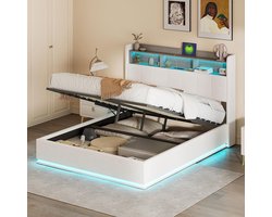 Tweepersoons Bed 140x190 cm met Opbergruimte, Hoofdeinde met USB en Hydraulische Boxspring Functie, Wit Flanel