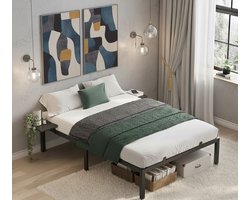 Tweepersoons Bed 140x200 cm – Stijlvol Metalen Bedframe met Opbergplanken, Stevig en Duurzaam, Klassiek Zwart, Eenvoudige Montage, Ideaal voor Slaapkamer en Logeerbed Depauwwonen