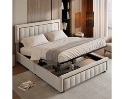Tweepersoons bed 160 x 200 cm, hydraulisch opbergbed met lattenbodem en hoofdeinde, bedframe voor volwassenen, zonder matras, velours, beige