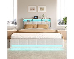 Tweepersoons Bed 160x200 cm Gestoffeerd met 4 Opberglades, Lattenbodem en LED Verlichting