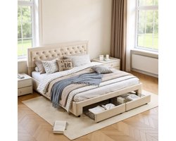 Tweepersoons bed 160x200 cm met 2 lades en opbergruimte – Gasveer opklapbed met lattenbodem – Fluwelen gestoffeerd bed in beige – Zonder matras