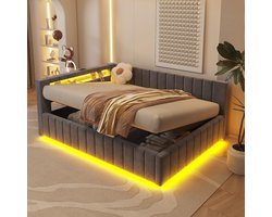 Tweepersoons Bed met Opbergruimte 140x200 Fluweel Grijs met LED en USB