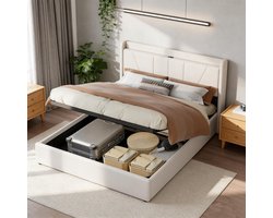 Tweepersoons Bed met Opbergruimte 160 x 200 cm Gestoffeerd met USB-poorten