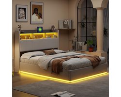 Tweepersoons Boxspring Bed 140x200 met Opbergruimte, Hoofdbord met USB & LED Verlichting