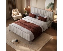 Tweepersoons Boxspring Bed 160x200 cm met Verstelbaar Hoofdbord - Gestoffeerd en Modern Beige/Grijs