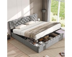 Tweepersoons Boxspring Bed 180x200 cm Grijs Gestoffeerd met Hydraulische Opbergruimte en Verstelbaar Hoofdeinde