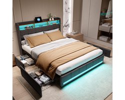 Tweepersoons Boxspring Bed 180x200 cm met Opbergruimte, LED Verlichting en USB Oplaadpunten