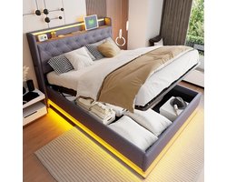 Tweepersoons Boxspring Bed met Opbergruimte 140x200 cm Grijs Gestoffeerd Hoofdeinde LED & USB