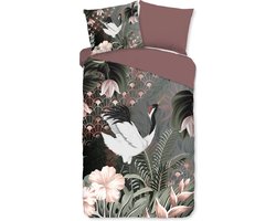 Tweepersoons Dekbedovertrek 140x220 cm - Kraanvogel en Tropische Bloemen Print - Multicolor - 100% Microfiber