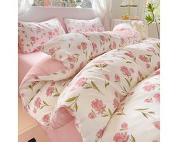 Tweepersoons Dekbedovertrek 240x220 Roze Wit - Omkeerbaar Bloemen Floral Motief - Microfiber Beddengoed Set met Rits - Roze Bloem Linnen voor Volwassenen - Inclusief 2 Kussenslopen