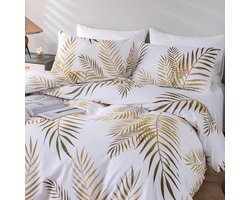Tweepersoons Dekbedovertrek 240x220 - Wit Goud Palmbladeren Tropisch Motief - Microfiber Beddengoed Set met Rits - Botanisch Linnen voor Volwassenen - Inclusief 2 Kussenslopen 51x76 cm
