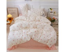 Tweepersoons Dekbedovertrek 240x220 - Wit met Roze Tulpen en Bloemen Print - Microvezel Beddengoed Set met Rits en Kussenslopen 48*74 cm - Slaapkamer Decor voor Tiener en Volwassene