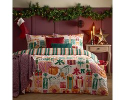 Tweepersoons Dekbedovertrek Set - Omkeerbaar Kerst Beddengoed met Cadeau & Strepen Design (Emerald/Rood)