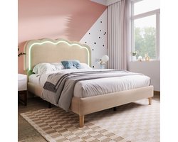 Tweepersoons gestoffeerd bed 140x200cm - in hoogte verstelbaar hoofdbord met Led Verlichting - Lijnmateriaal - Beige (zonder matras)