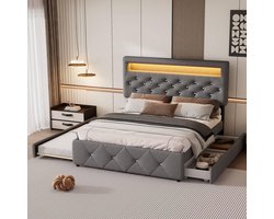 Tweepersoons gestoffeerd bed met uitschuifbed en lichtstrip - 140 x 200 cm