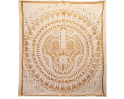 Tweepersoons Katoenen Sprei - Wandkleed - Hamsa - Wit & Goud - 200cmx230cm - Handgemaakt