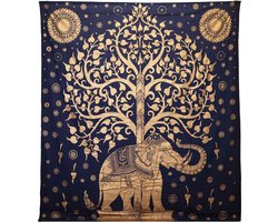 Tweepersoons Katoenen Sprei - Wandkleed - Olifant & Boom - Blauw & Goud - 200cmx230cm - Handgemaakt