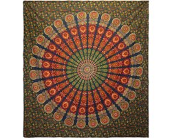 Tweepersoons Katoenen Sprei - Wandkleed - Pauwen Mandala - Groen & Oranje - 200cmx230cm - Handgemaakt