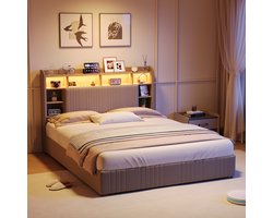 Tweepersoons LED Bed 160x200 cm met Boekenkast en 4 Opbergladen, Gestoffeerd Hoofdbord, USB Oplaadpoorten en RGB Verlichting, Beige