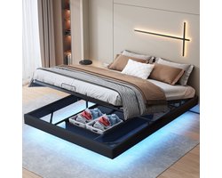 Tweepersoons ledikant 160x200 cm Zonder hoofdeinde, Zwevend bedframe, Platform bedframe voor tieners met houten lattenbodem en opbergruimte, Zonder matras, PU Zwart