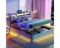 Tweepersoons Opbergbed 140x190 cm – Grijs Fluweel – Bed met Hoofdbord Opslag, LED en USB