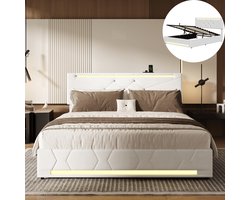 Tweepersoons Opbergbed 140x190cm, Modern Gepolsterd Bed met LED Verlichting in Hoofd- en Voetboezem + USB Opladen, Geschikt voor Adolescenten en Volwassenen, Beige Linnen (Matras Niet Inbegrepen)
