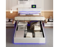 Tweepersoons Opbergbed 140x200 cm – Beige Bed met Gasveer Mechanisme & Handige, PU , Opbergruimte