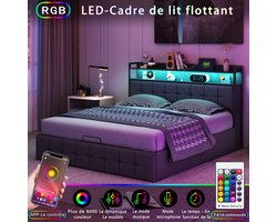 Tweepersoons Opbergbed 140x200 cm | Grijze Stoffering | Gasveer, LED Verlichting & USB Oplaadpunt | Modern Design