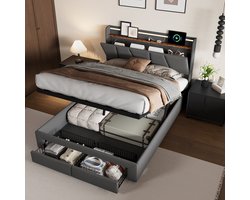 Tweepersoons Opbergbed 160x200 cm | 2 Laden Bedvoet, USB & LED Verlichting | Linnen Donkergrijs, Gasveer