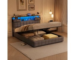 Tweepersoons opbergbed 160x200 cm - Grijs - Hydraulisch Bedframe met Ruime Opbergruimte, Hoofdbord met 2 Lades, RGB LED-Verlichting, USB & Type-C Oplaadpoorten